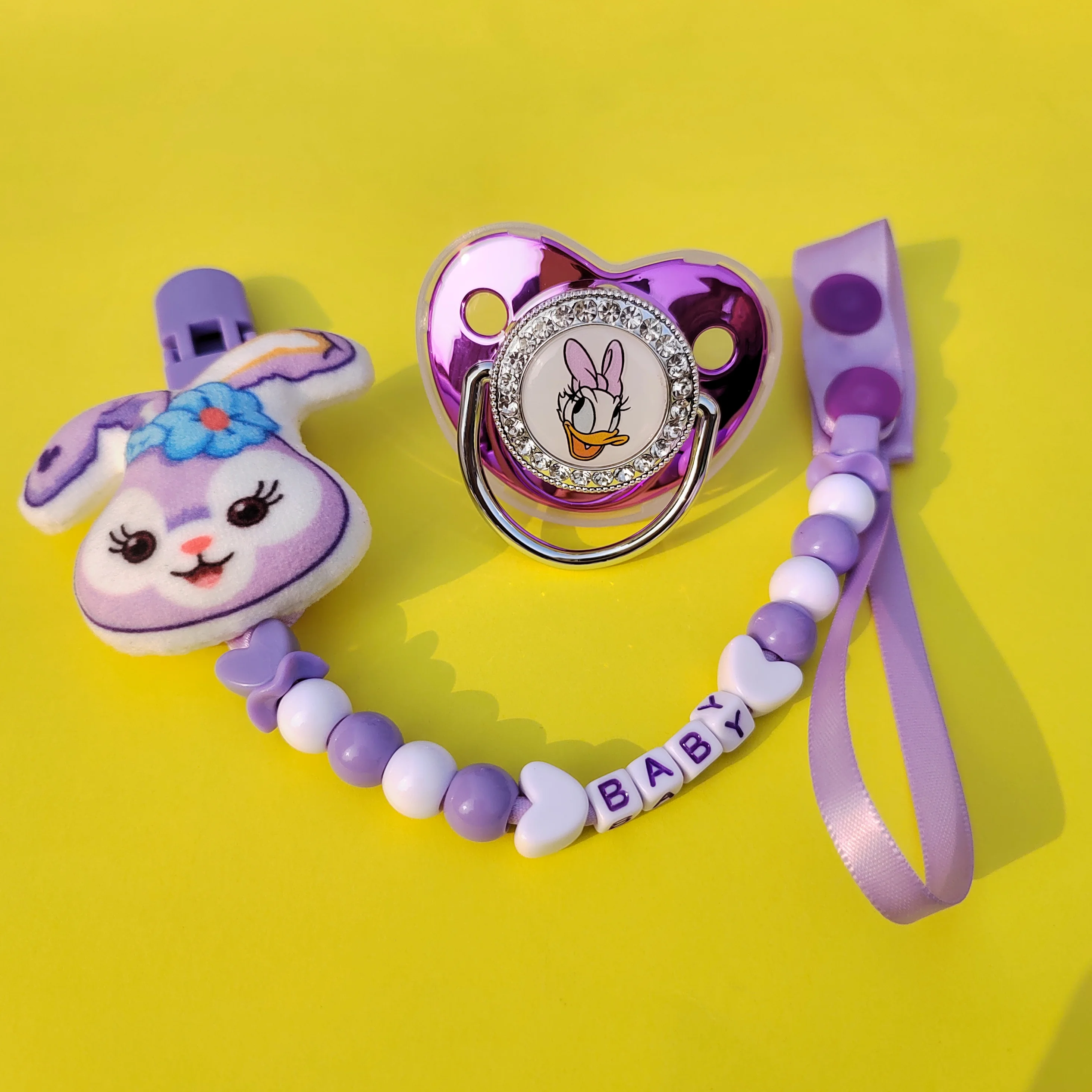 

Disney Newborn Baby Silicone Reborn Teeteher Toys Bling Pink Dummy Soother with Cute Cartoon Plush Soothing Nippler Chain Holder
