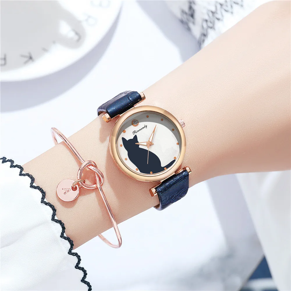 Модные женские часы с милым котом кварцевые наручные кожаным ремешком для женщин