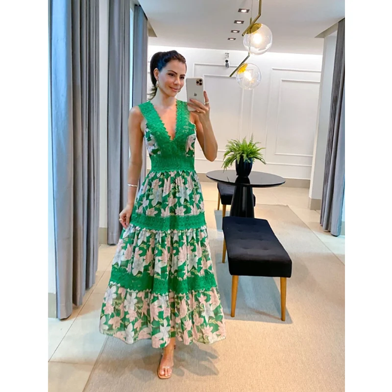 

Elegant Women Fashion Lace V Neck Long Dress Sexy Women Sleeveless High Waist Corset Party Evening Dress