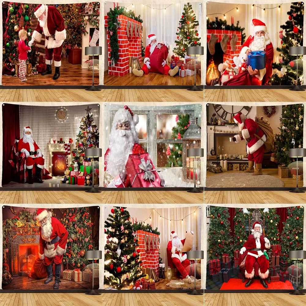 

Merry Christmas Santa Claus fireplace print pattern tapestry home living room bedroom decoration background cloth tapestry