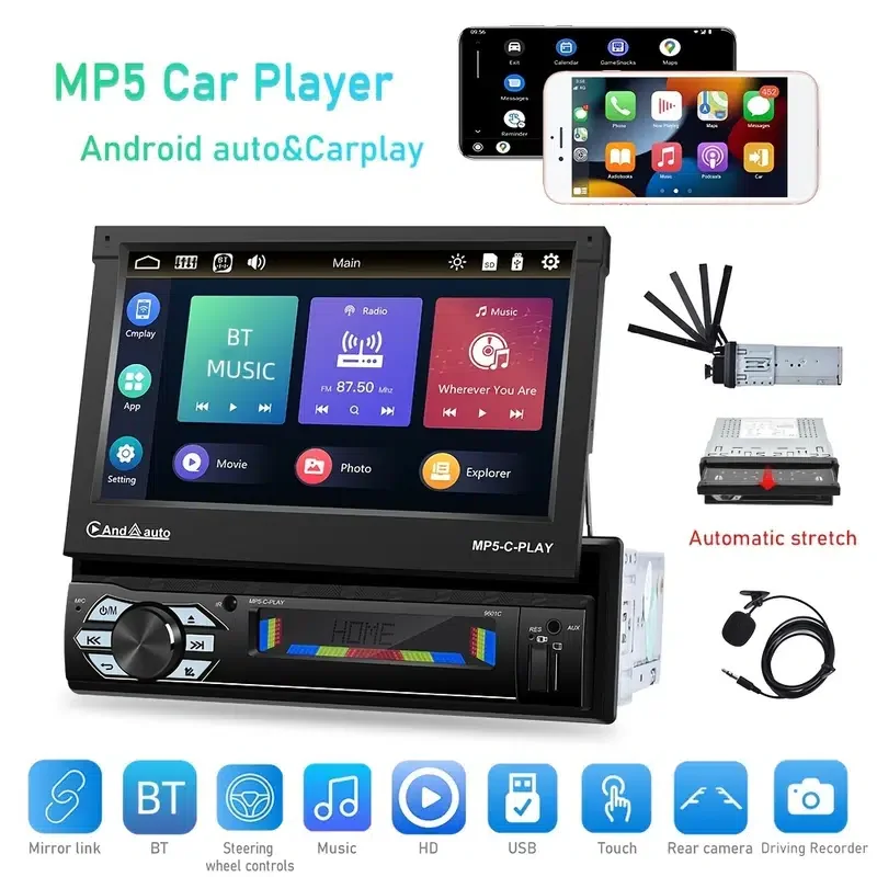 

7'' Single Din Carplay Car Touch Screen Car Radio, FM USB SD MP5 Player