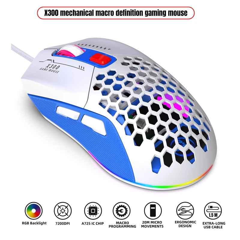 

Игровая мышь Highend, легкая, проводная, USB, RGB, 7200DPI, с сотовым корпусом, эргономичная, для компьютера, ПК, ноутбука, макропрограммирование