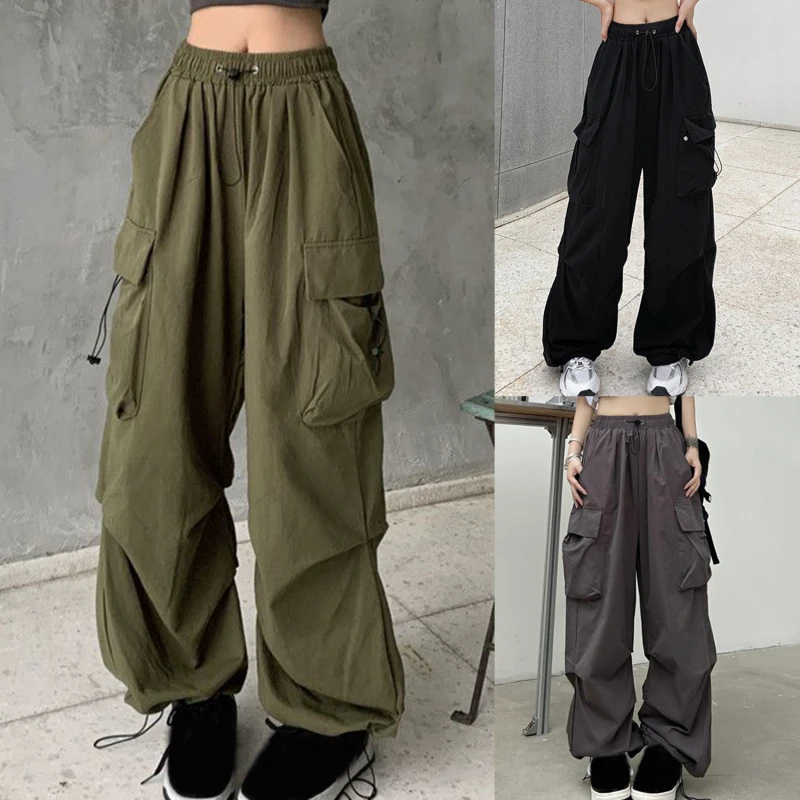

Женские брюки-карго с большими карманами Y2K Harajuku, штаны на шнуровке, Женские однотонные спортивные брюки в уличном стиле, брюки-джоггеры большого размера