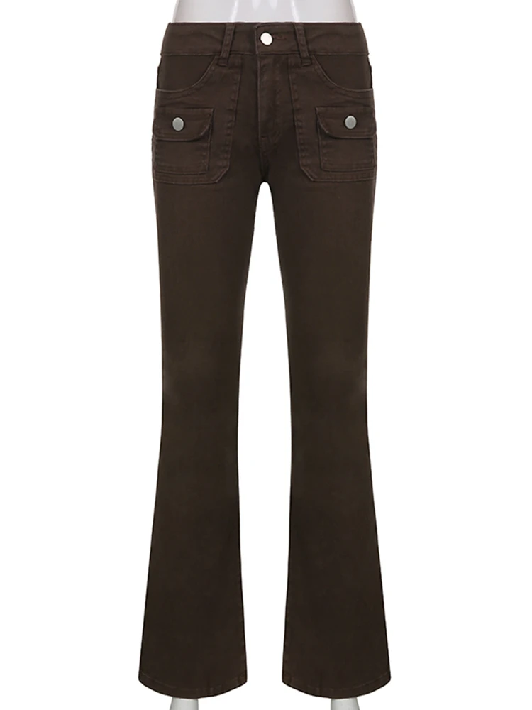 

Коричневые однотонные джинсовые брюки WeiYao с низкой талией Y2K, эстетичные винтажные облегающие пикантные расклешенные брюки, женские милые ...