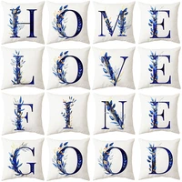 blue alphabet polyester pillow cover leaves plant polyester cushion cover 45x45cm double sided print pillow case letter decor