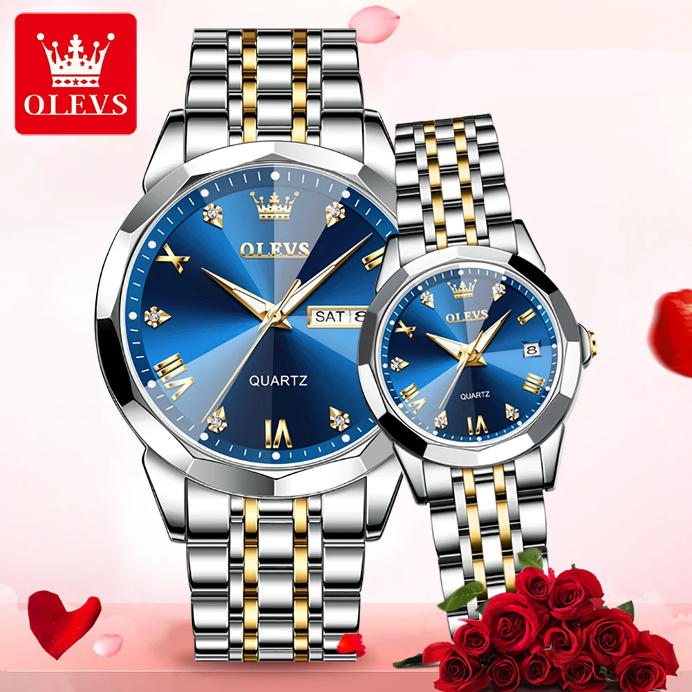 OLEVS 2023 Fashion Luxury Couple Calendar Week Display Stainless Steel Strap Watches Luminous Waterproof Mechanical Watch 9931