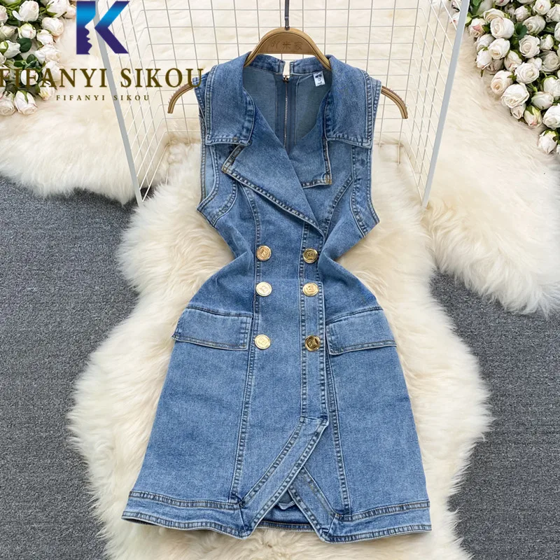 

Летнее джинсовое платье без рукавов, женское двубортное модное короткое платье на молнии с высокой талией, женское платье с карманами