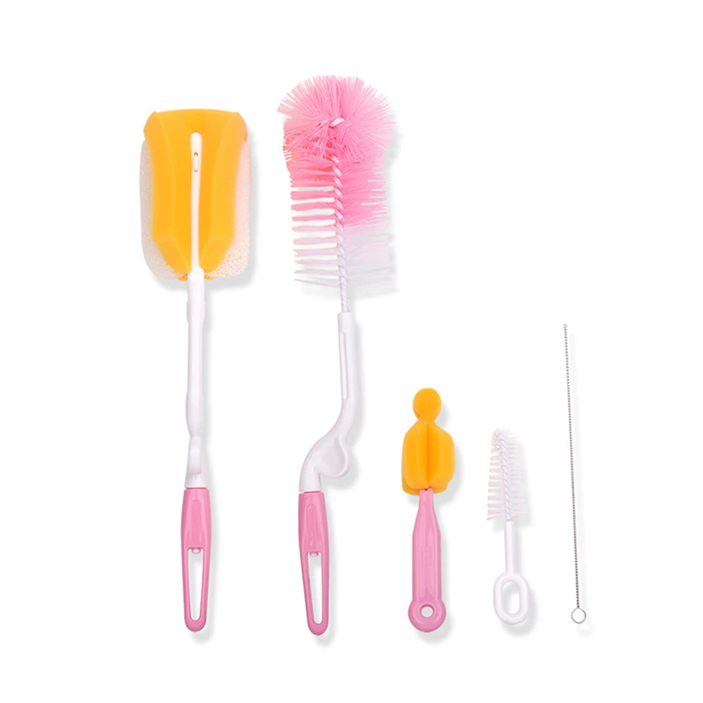

5pcs Home Non-scratch Cleaning Tools Soft Sponge Multi-Purpose Baby Bottle Brush Set Durable Rotary Portable Random Color