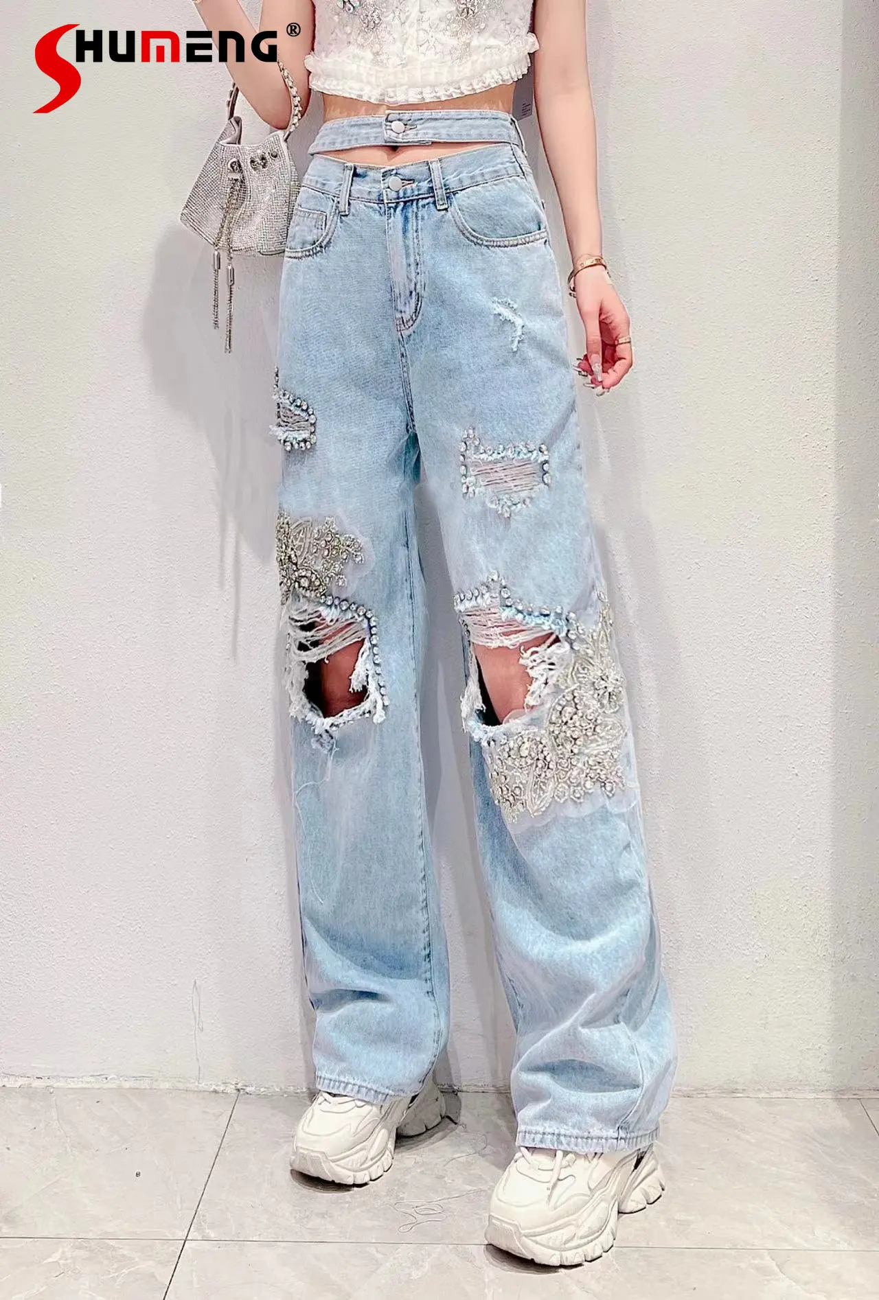 

Denim Pants 2023 Spring Summer New Heavy Industry Beads Embroidered Loose Slimming High Waist Straight Ripped Jeans for Women