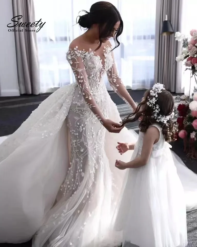 Luxurious Detachable 2 In 1 Mermaid Wedding Dress Heavy Industry Embroidery Lace Bead 0-neck Full Sleeve Gown Robe De Mariee images - 6