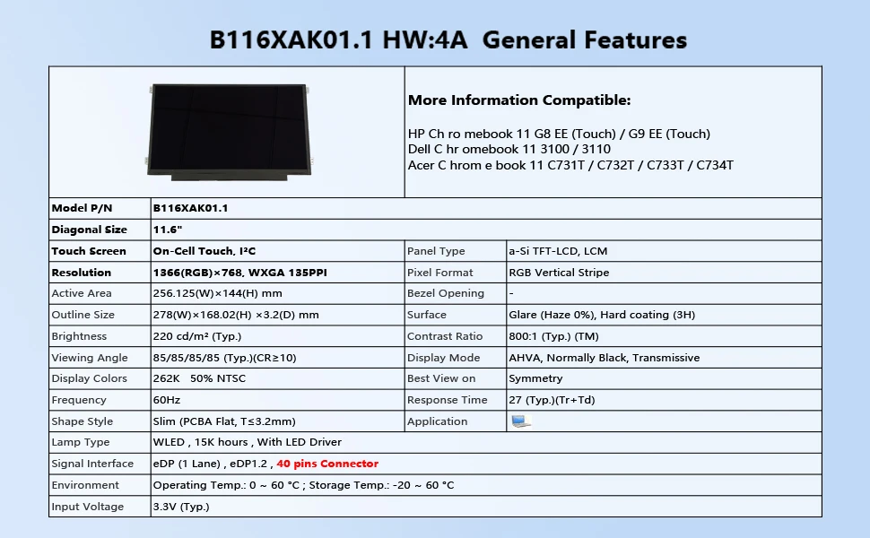 LWL NEW B116XAK01.1 11 6-дюймовый ЖК-экран для ноутбука с сенсорным экраном 40 контактов 1366x768