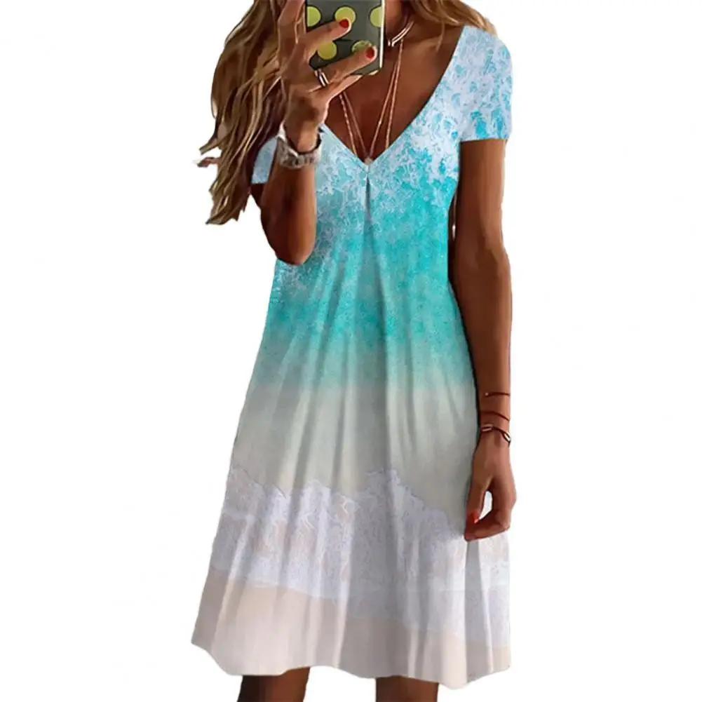 

Loose Dress V-neck Summer Dress Blooming Flower Printing Summer Casual Dress