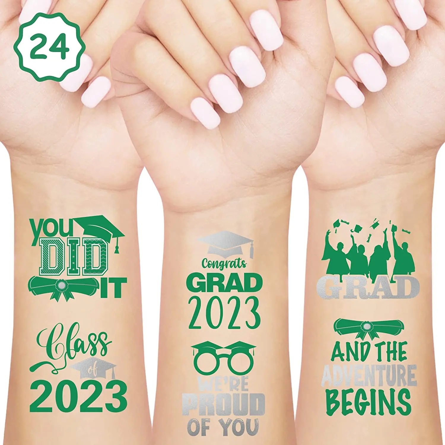 

Graduation Temporary Tattoos Green and Silver Glitter Graduation Party Favors 2023 Congrats Grad Class of 2023 Body Decorations