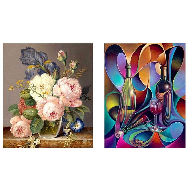

2 набора, 5D алмазная живопись, вышивка крестиком, украшение для дома, бокал вина и цветы на столе