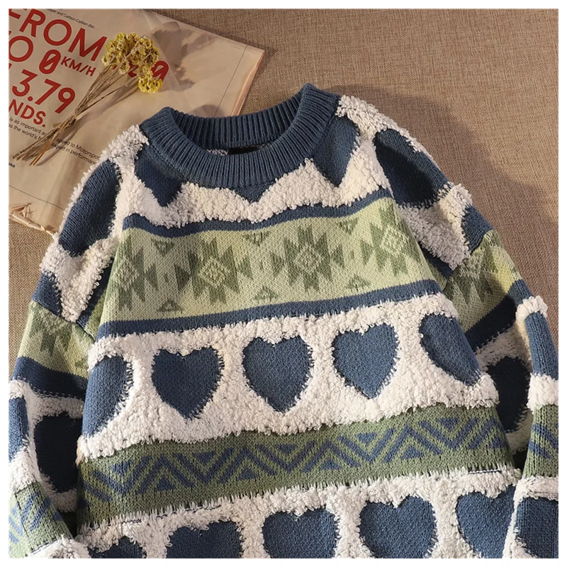 Women's Sweet Sweater Knitwear Autumn Winter O Neck Loose Retro Pullover Long Sleeve Casual Love Embroidery Fashion Pullover