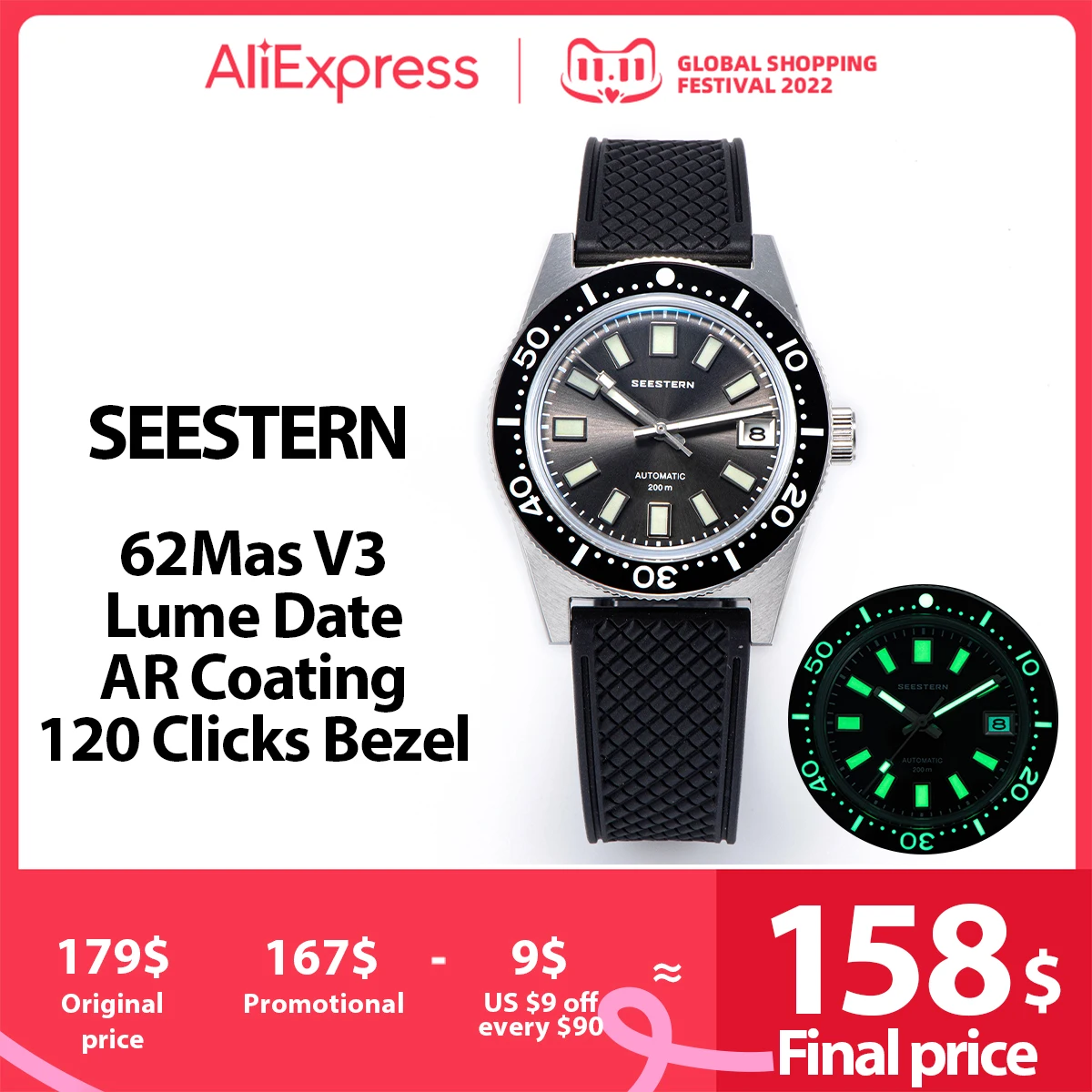 Дешево Оригинальные часы SEESTERN 62MAS Diver's, диаметр 37 мм, Nh35 автоматические механические наручные часы, водонепроницаемые светящиеся колесо, ретро Pr