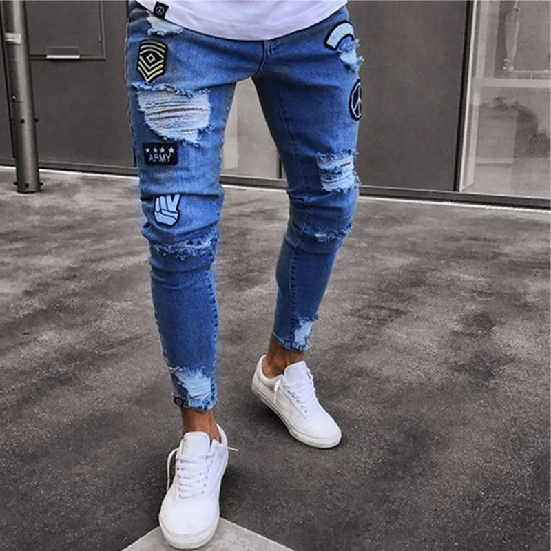 New Mens Jeans Hole Zipper Badge Fashion Casual Solid Denim Pants for Men