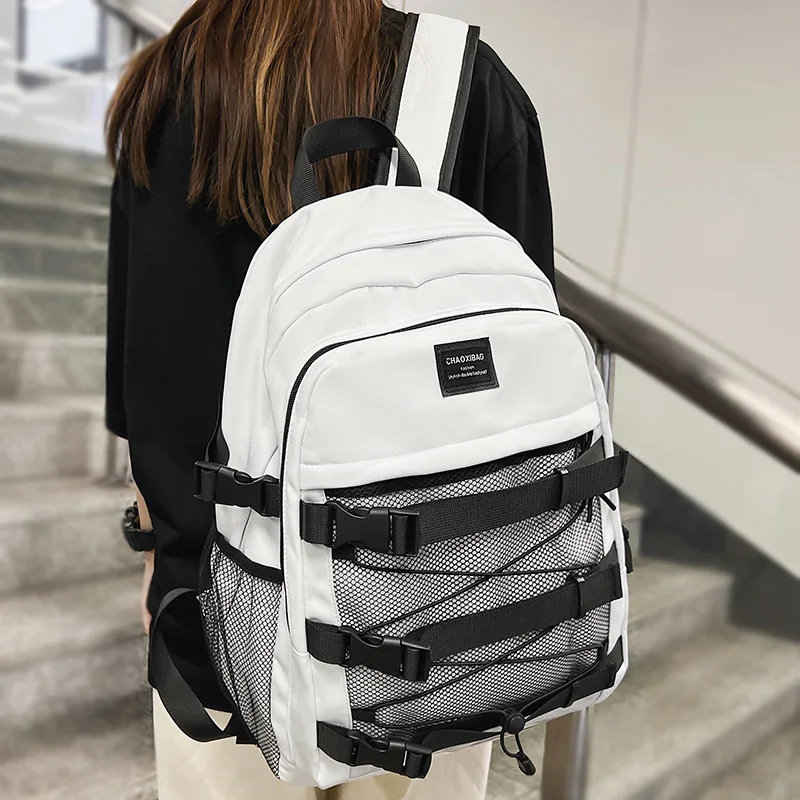 

Trendy Men Women White Mesh School Backpack Female Male Cross Rope Book Bag Girl Boy Laptop College Backpack Lady Travel Net Bag