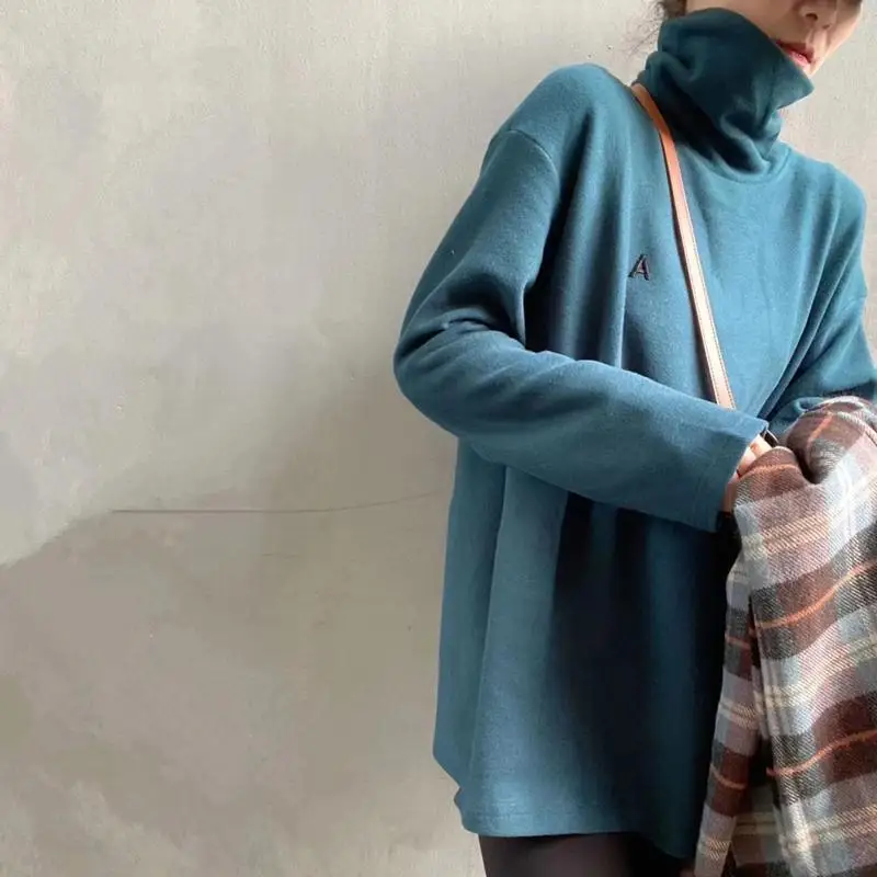 Женская бархатная длинная футболка с высоким воротником простые корейские