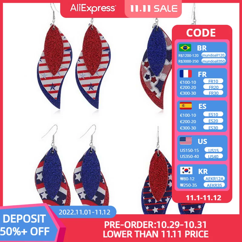 

ZWPON 2020 Three Layered Curve Glitter Leather Earrings for Women Fashion American Flag Motif Vegan Leather Leaf Earrings E6896