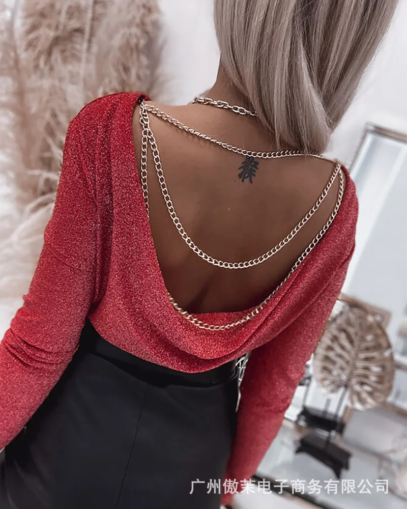 

Red Chain Silver Top Women 2022 New Summer Sexy T-shirt