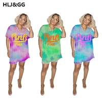 hjlgg slim irregular tie dye long top 2 piece set women pink letter print side slit tshirt and skinny shorts tracksuits outfits