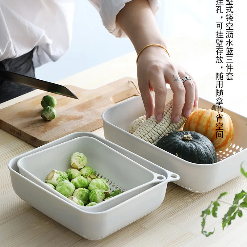 

Кухонная корзина для хранения фруктов и овощей, сливная корзина из трех частей, пластиковая раковина, бытовая креативная корзина для мытья ...