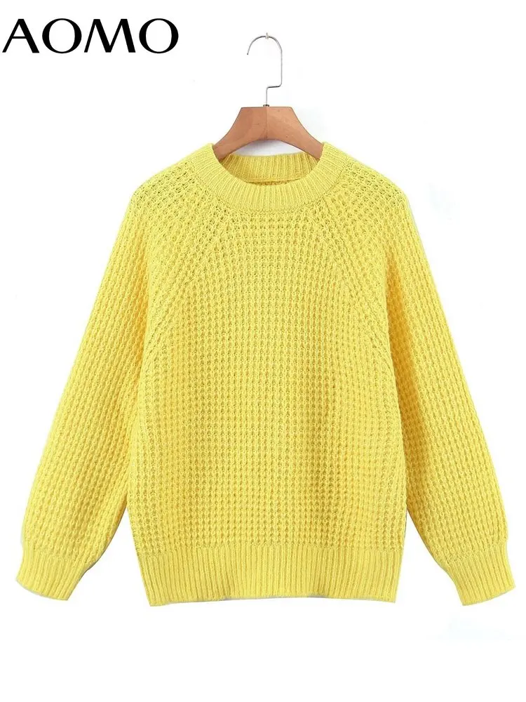 

AOMO Women High Quality Elegant Yellow Knitted Sweater Jumper 2022 Winter Oversize Pullovers Chic Tops 8H124A