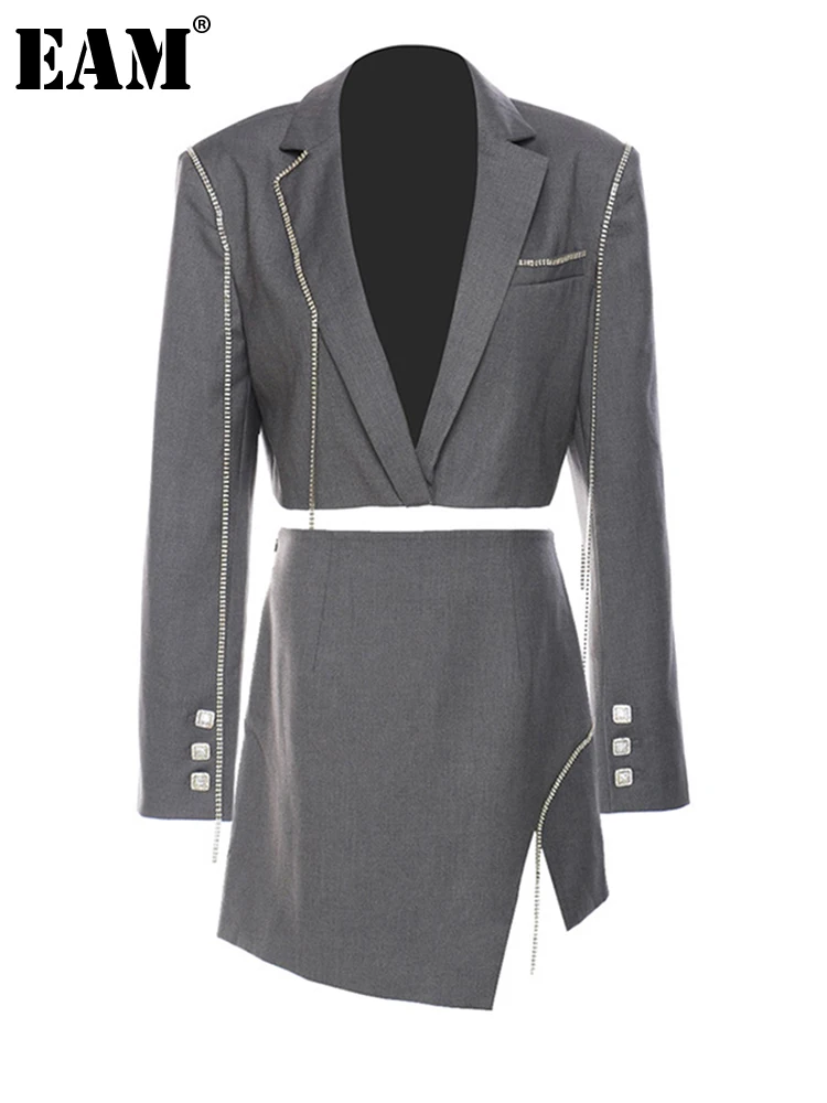 

[EAM] Rhinestone Half-body Skirt Two Pieces Suit New Lapel Long Sleeve Gray Loose Women Fashion Tide Spring Autumn 2022 1DE4696