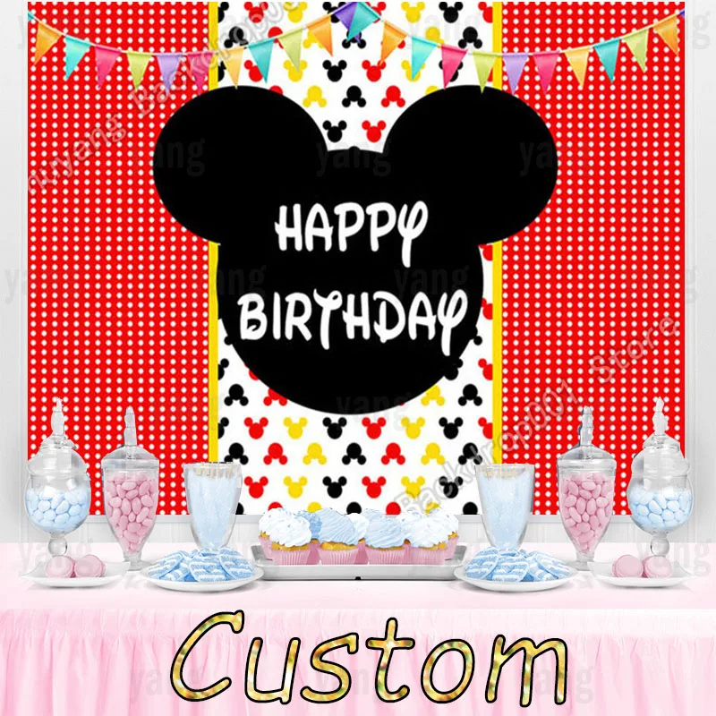 

Custom Gold Glitter Mickey Minnie Mouse Head Backdrop Photography Red Cartoon Child Baby Birthday Party Decoration Backdrop