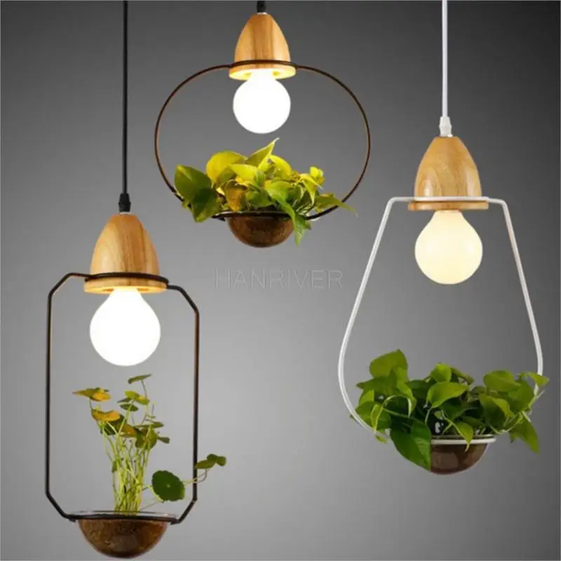Фото Art Deco Led Plant Hanglamp Met Houten Basis E27 Creatieve Rustieke Pot Cultuur Opknoping Lamp Voor Eetkamer Cafe bar Restaurant №2