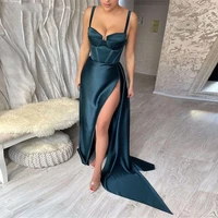on zhu formal green satin sleeveless long evening dresses spaghetti straps mermaid prom dresses for women leg slit evening gowns