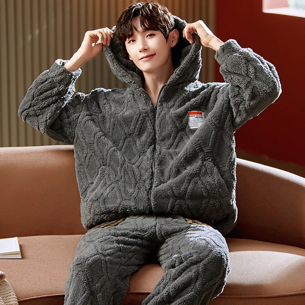 Casual Hooded Pajama Sets Men Winter Thick Flannel Warm Pajamas for Men Cartoon Embroidery Zipper Men's Sets Trendyol Sleepwear