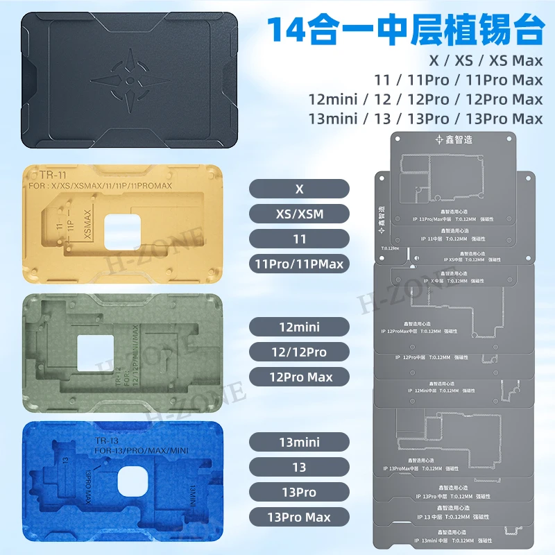 

XINZHIZAO TR 14IN1 Middle Layer Tin Planting Platform BGA Repair Template Mainboard Solder Steel Mesh FOR IPhone X-13PROMAX MINI