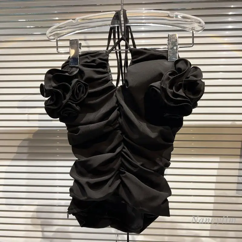 

2022 Summer Seaside Crop Top for Woman New Elegant Socialite Pleated Flower Sexy Stretch Slim Fit Tied Camisole Femme