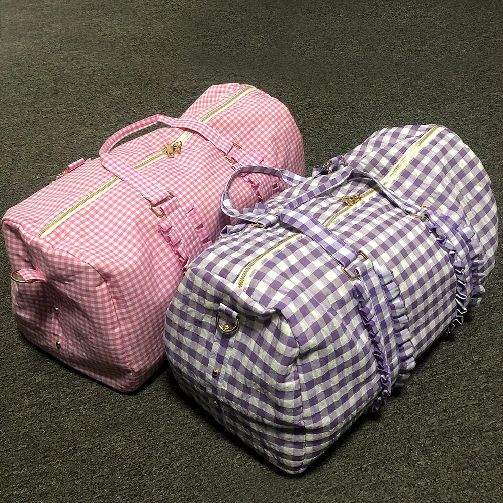 52CM Kids Ruffle Seersucker Duffel Bags Large Capacity Pink/Purple Plaid Gingham Travel Bag for Shcool Children Weekend Bag