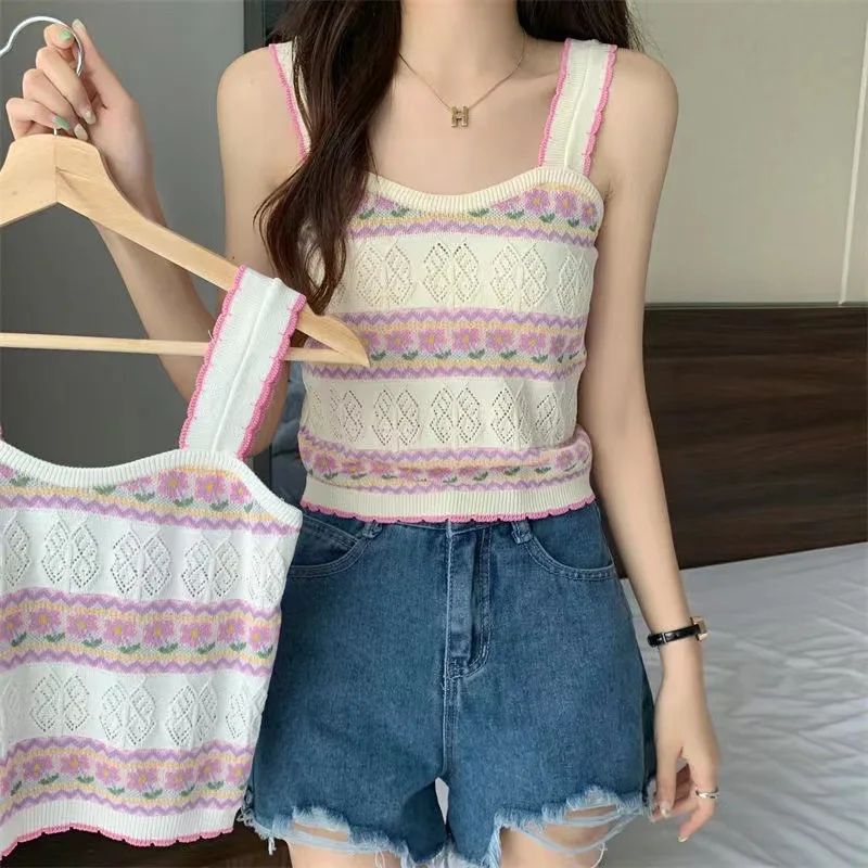 

Женский короткий топ с цветочным принтом, летний трикотажный топ с ажурным узором