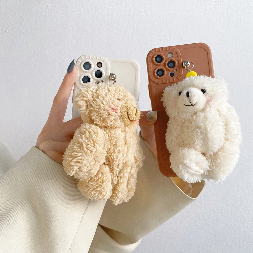 

INS Fashion Plush Bear Phone Cases For iPhone 13 12 11 Pro Max XR XS MAX 8 X 7 SE 2020 Cartoon Shockproof Soft Shell Gift