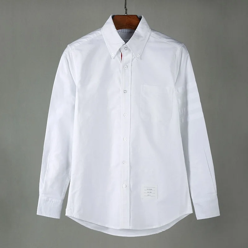 TB Shirts Men New Shirts Long Sleeve Striped Men Slim White Casual Shirt Turn Down Collar Oxford Solid Men's Clothing