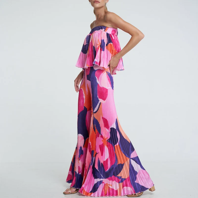 

Sexy Off Shoulder Strapless Tops With Large Flared Wide Leg Pants Suits Fashion Folding Elastic Pleated Set Women Casual Outfits