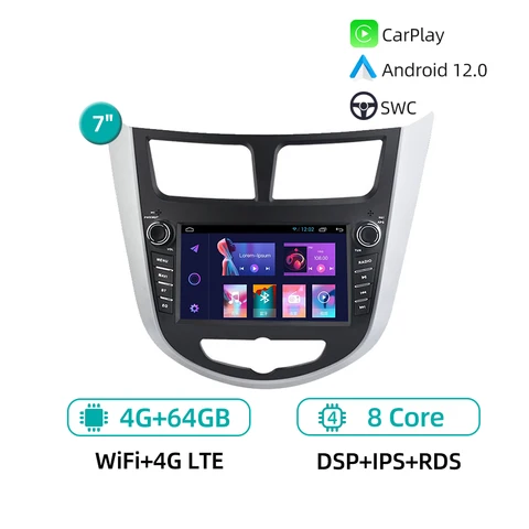 Автомобильный мультимедийный плеер CarPlay, 7 дюймов, Android 12,0, GPS-навигация, стереосистема, радио для Hyundai Verna Accent Solaris 2011-2016