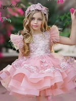 pink flower girl dresses princess feathers sleeves bow 2022 birthday party gown for kids ball gown vestidos de novia