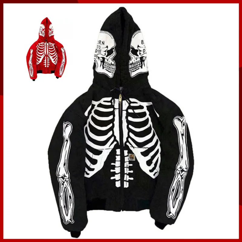 

Мужской свитер с капюшоном и принтом черепа в стиле ретро, уличное платье в готическом стиле, панк-стиле, пальто большого размера на молнии, женский свитер, y2k, 2023