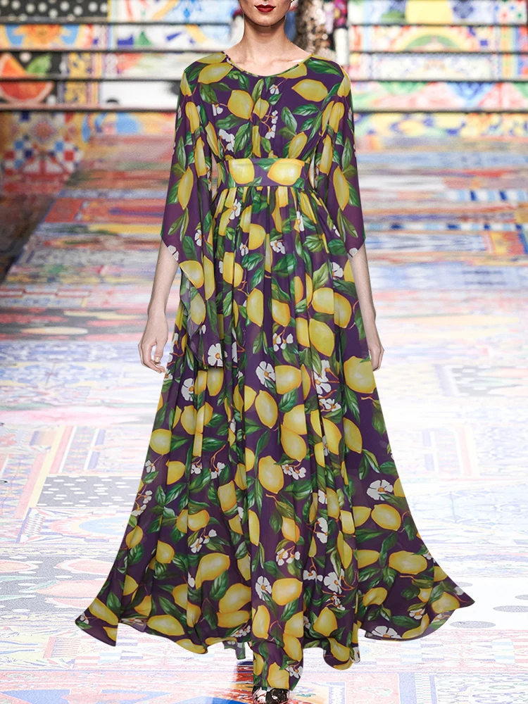 

Runway Fashion 2022 Summer Elegant Long Dress Women Butterfly Sleeve Lemon Print Backless Holiday Party