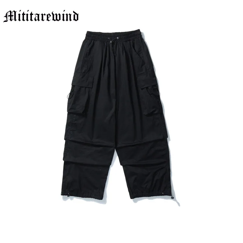 

Hip Hop Four Seasons Solid Multi Porkets Cargo Men Pants Wide Leg Baggy Drawstring Loose Swaetpants High Street Casual Trousers