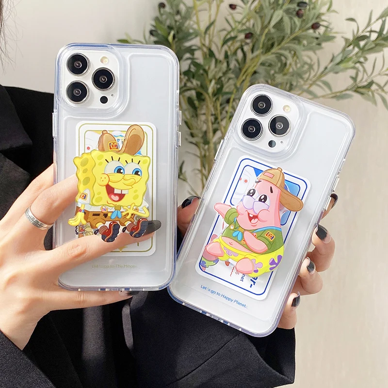 

BANDAI Cute Cartoon SpongeBob Stand Holder Phone Case for iPhone 11 12 13 pro XS MAX X XR Cover