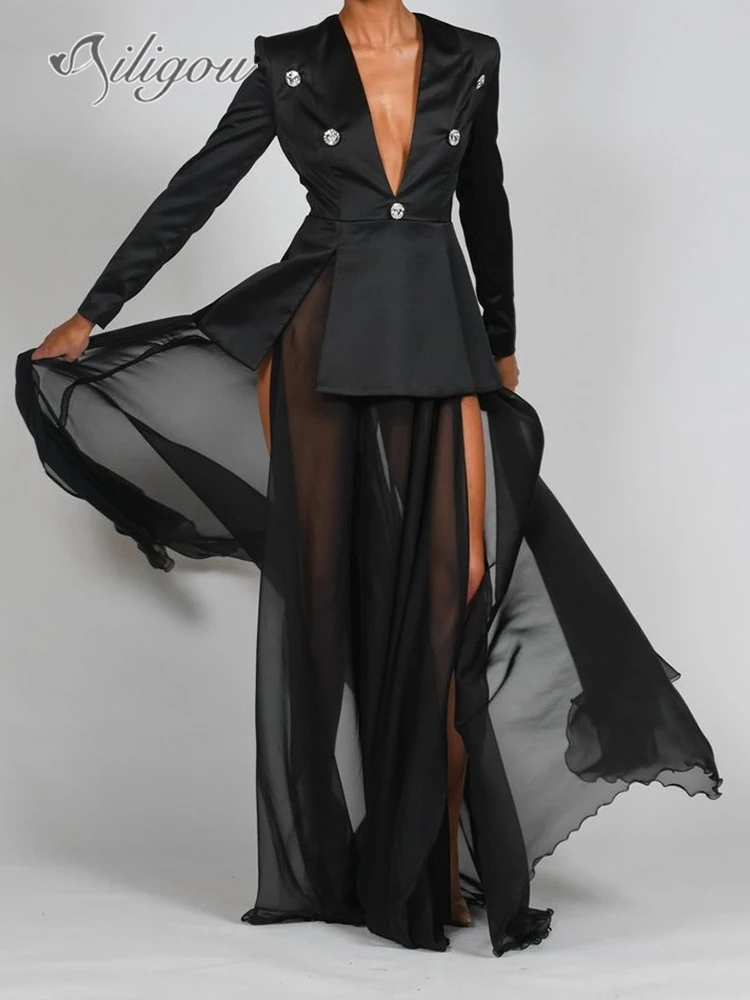 Ailigou 2022 Autumn Streetwear Suit Sexy Long-Sleeved Suit Jacket Wide-Leg Pants Suit Office Ladies Sportswear Two-Piece Set