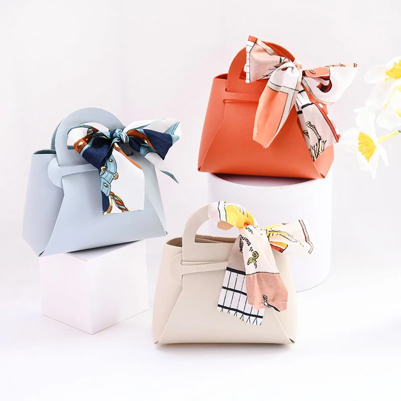 

Leather Candy Box Handbag Shape Ribbon Bow With Handle Gift Packaging Bags Wedding Baby Shower Party Favour Wrapping Decor