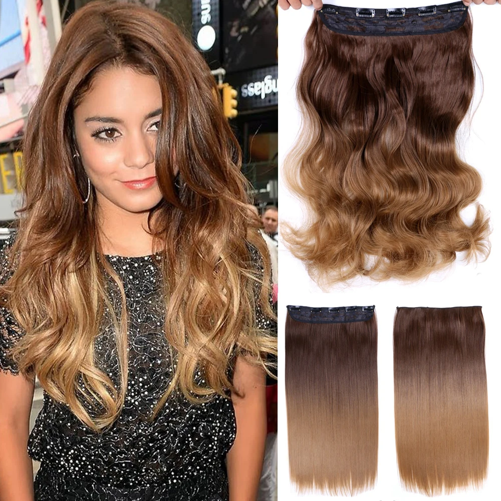 

5 Clips One Piece Synthetic Long Straight Clip In Hair Extension Black Brown High Temperature Hair Pieces For Women