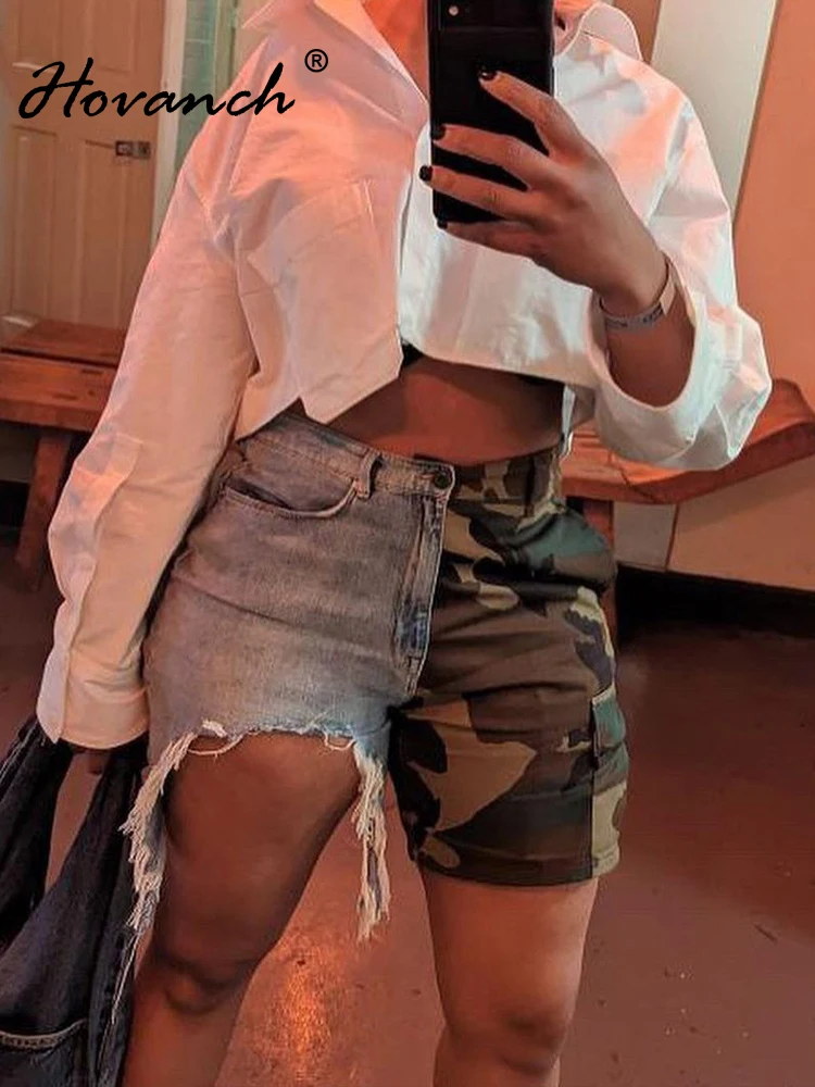 

Hovanch камуфляжные комбинированные джинсовые Модные прямые шорты с бахромой и высокой талией, женские осенние винтажные уличные короткие брюки 2023